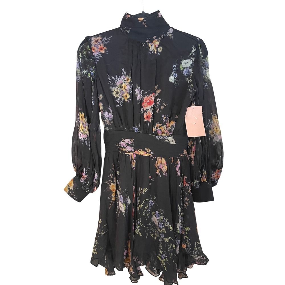 BHLDN Lior Long‎ Sleeve Turtleneck Chiffon Mini Dress Black Floral Print XXS NWT - Picture 2 of 15